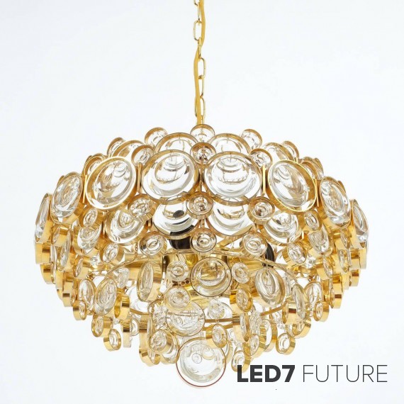Palwa - Large Gold Brass and Glass Chandelier 1960